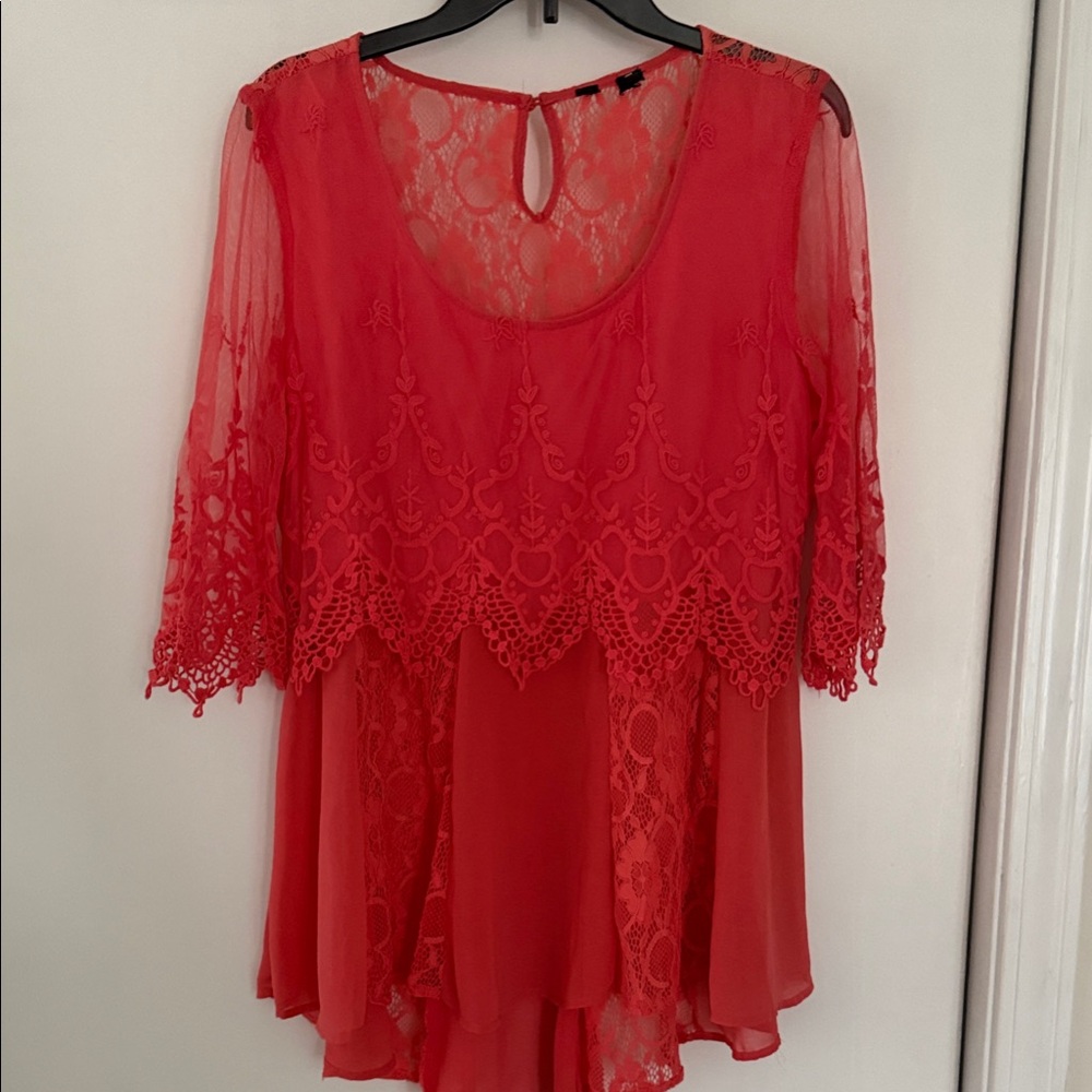 Coral Lace Overlay Women's Top